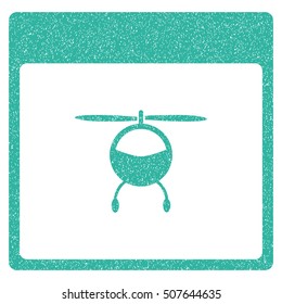 Helicopter Calendar Page grainy textured icon for overlay watermark stamps. Flat symbol with dirty texture. Dotted vector cyan ink rubber seal stamp with grunge design on a white background.