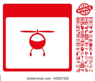 Helicopter Calendar Page icon with bonus calendar and time management clip art. Vector illustration style is flat iconic symbols, red, white background.