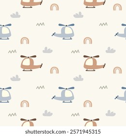 Helicopter cartoon so cute. On cloud rainbow background. Pattern seamless vector illustration. 