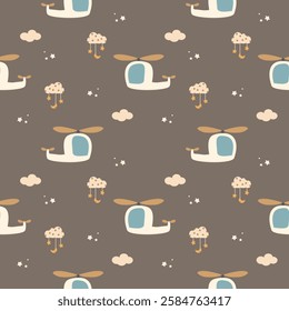 Helicopter cartoon so cute. On cloud star background. Pattern seamless vector illustration. 
