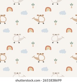 Helicopter cartoon so cute. On rainbow cloud tree background. Pattern seamless vector illustration. 