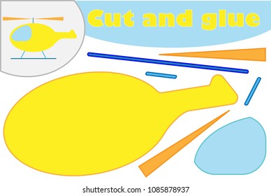 Helicopter in cartoon style, education game for the development of preschool children, use scissors and glue to create the applique, cut parts of the image and glue on the paper, vector illustration