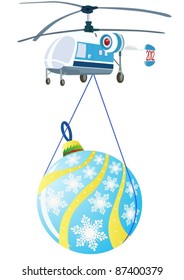 A helicopter with Christmas decorations. The illustration on a white background.