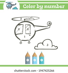 Helicopter Color by numbers. Coloring page for preschool children. Learn numbers for kindergartens and schools. Educational game.