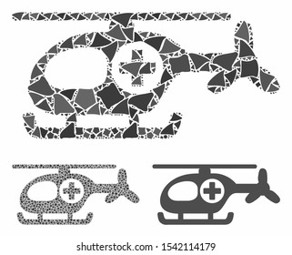 Helicopter composition of ragged elements in variable sizes and shades, based on helicopter icon. Vector abrupt elements are grouped into collage. Helicopter icons collage with dotted pattern.