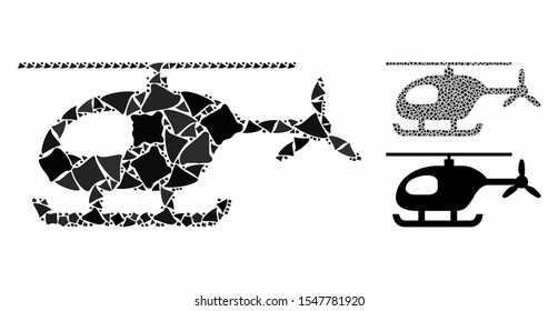 Helicopter composition of ragged pieces in various sizes and color tints, based on helicopter icon. Vector ragged pieces are organized into composition. Helicopter icons collage with dotted pattern.