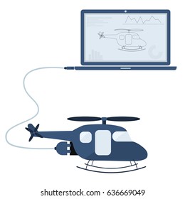 Helicopter connected to a laptop through a usb cable. Outline of the helicopter and graphs being shown on the computer monitor. Flat design. Isolated.
