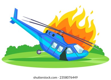 helicopter crash on the ground. burning technology. flat vector illustration.