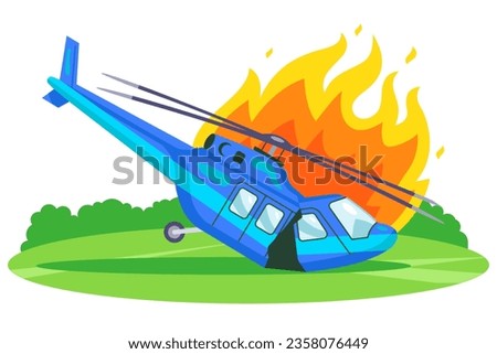 helicopter crash on the ground. burning technology. flat vector illustration.