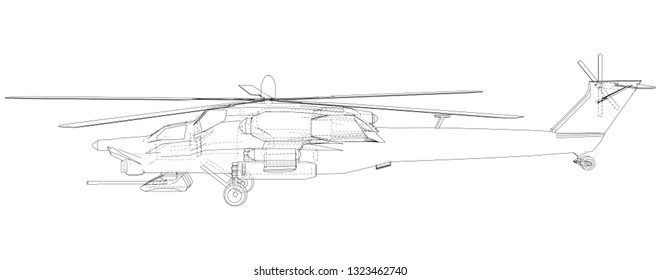 Helicopter. Created illustration of 3d. Wire-frame style. The layers of visible and invisible lines are separated