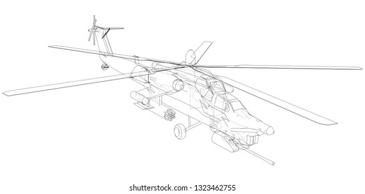 Helicopter. Created illustration of 3d. Wire-frame style. The layers of visible and invisible lines are separated