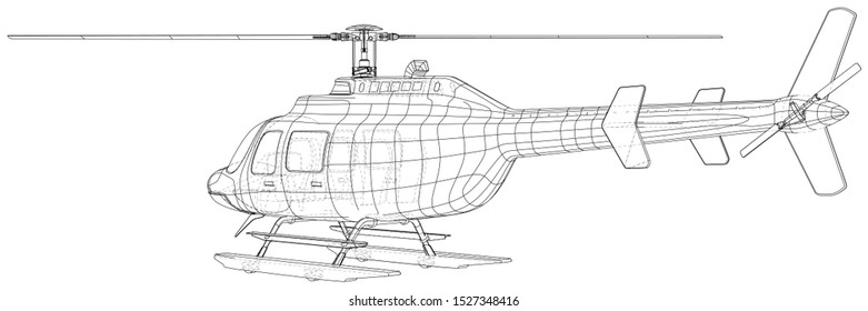 Helicopter. Created illustration of 3d. Wire-frame style. The layers of visible and invisible lines are separated