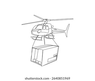 Helicopter delivering cardboard package  outline drawing illustration. one continuous line drawing of helicopter shipment.