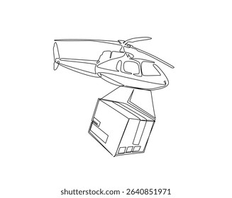 Helicopter delivering cardboard package  outline drawing illustration. one continuous line drawing of helicopter shipment.