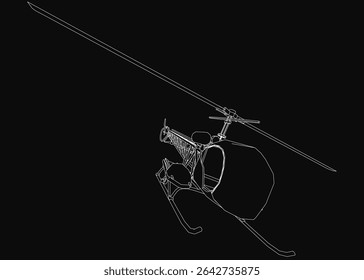 Helicopter in detailed black and white line art, showcasing its wingspan and propellers with precision. The stark black background contrasts sharply with the white outline, emphasizing the aircraft's.