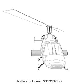 Helicopter detailed outline. Vector isolated on a white background. Adult military helicopter coloring page for book. Copter and Aircraft. Vector illustration. Black contour sketch illustrate.