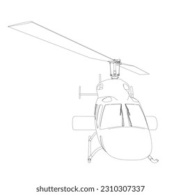 Detaillierte Helikopter-Umrisse. Vektorgrafik einzeln auf weißem Hintergrund. Erwachsener Militärhubschrauber-Farbseite für Buch. Kupfer und Luftfahrzeuge. Vektorgrafik. Schwarze Konturskizze illustriert.