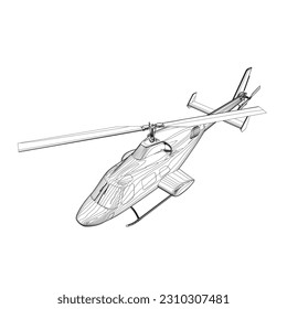 Esquema detallado del helicóptero. Vector aislado en un fondo blanco. Página de coloreado de helicópteros militares adultos para el libro. Cobre y aeronaves. Ilustración vectorial. Esbozo de contorno negro.