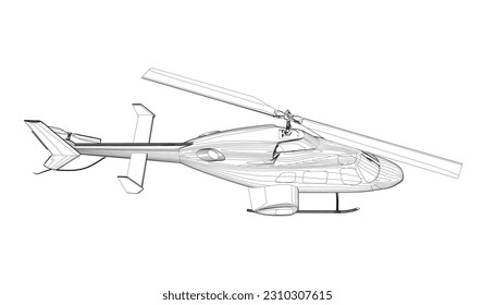 Detaillierte Helikopter-Umrisse. Vektorgrafik einzeln auf weißem Hintergrund. Erwachsener Militärhubschrauber-Farbseite für Buch. Kupfer und Luftfahrzeuge. Vektorgrafik. Schwarze Konturskizze illustriert.