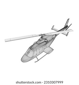 Helicopter detailed wireframe. Vector isolated on a white background. Adult military helicopter coloring page for book. Copter and Aircraft. Vector illustration. Black wireframe illustrate. 3D..