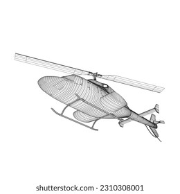 Marco de cables detallado del helicóptero. Vector aislado en un fondo blanco. Página de coloreado de helicópteros militares adultos para el libro. Cobre y aeronaves. Ilustración vectorial. Ilustración del armazón negro. 3 D.