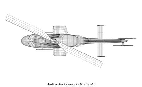 Helicopter detailed wireframe. Vector isolated on a white background. Adult military helicopter coloring page for book. Copter and Aircraft. Vector illustration. Black wireframe illustrate. 3D..