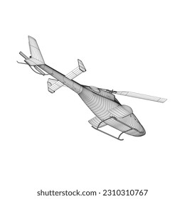 Helicopter detailed wireframe. Vector isolated on a white background. Adult military helicopter coloring page for book. Copter and Aircraft. Vector illustration. Black wireframe illustrate. 3D..