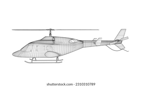 Marco de cables detallado del helicóptero. Vector aislado en un fondo blanco. Página de coloreado de helicópteros militares adultos para el libro. Cobre y aeronaves. Ilustración vectorial. Ilustración del armazón negro. 3 D.