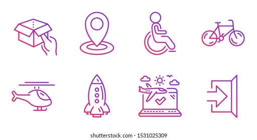 Helicopter, Disabled and Hold box line icons set. Bicycle, Location and Airplane travel signs. Rocket, Exit symbols. Copter, Handicapped wheelchair. Transportation set. Vector