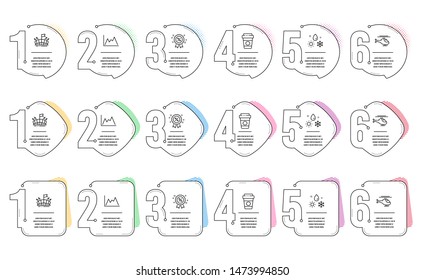 Helicopter, Discount and Diagram line icons set. Infographic timeline. Weather, Arena and Takeaway coffee signs. Copter, Sale shopping, Growth graph. Climate. Business set. Vector
