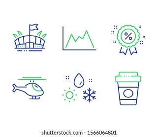 Helicopter, Discount and Diagram line icons set. Weather, Arena and Takeaway coffee signs. Copter, Sale shopping, Growth graph. Climate. Business set. Line helicopter outline icons. Vector