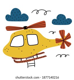 Helicopter doodle childish clipart with clouds and abstract elements isolated on white background.