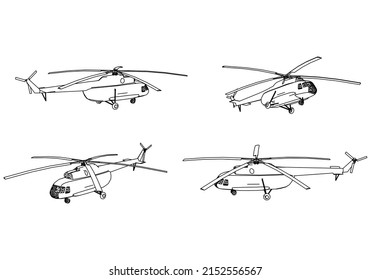 Helikopter-Zeichenkette Kunstvektorgrafik für das Farbbuch. Cartoon-Hubschrauberzeichnung für das Farbbuch für Kinder und Jugendliche.