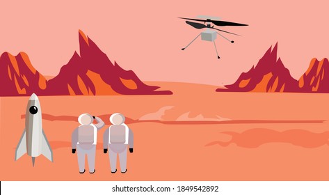 Helicopter drone flying over planet Mars desert with two astronauts and a rocket. Mars One exploration science mission, US Perseverance rover, Ingenuity helicopter 2020 launch program 3d concept.