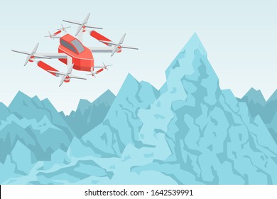 Helicopter or drone vector, aerial gadget flying over mountains range.Fflat style object with propeller and wings. Aviation and transportation of item, modern technologies. Copter flight illustration