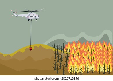 helicopter extinguishers dangerous wildfire in Turkey fighting bushfire dry woods burning trees firefighting natural disaster concept intense orange flames horizontal vector illustration