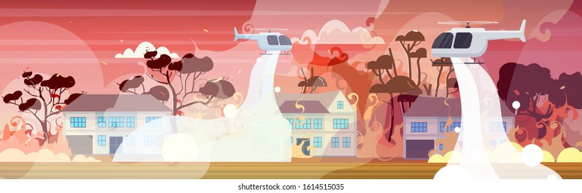 helicopter extinguishes dangerous wildfire in australia fighting bushfire dry woods burning trees and houses firefighting natural disaster concept intense orange flames horizontal vector illustration