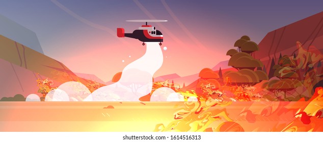 helicopter extinguishes dangerous wildfire in australia fighting bush fire dry woods burning trees firefighting natural disaster concept intense orange flames horizontal vector illustration