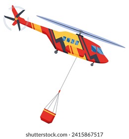Helicopter extinguishing forest fire. Rescue air transport. Remote extinguishing of fires. Combating natural disasters. Vector illustration