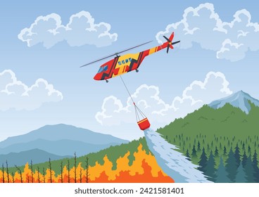 Helicopter extinguishing forest fire. Rescue air transport. Remote extinguishing of fires in mountainous areas. Combating natural disasters. Vector illustration