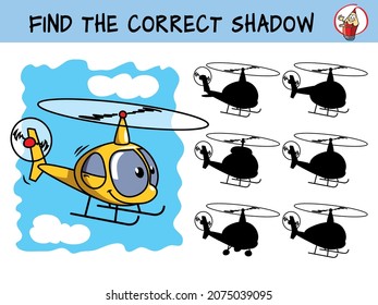 Helicopter. Find the correct shadow. Educational matching game for children. Cartoon vector illustration