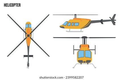 Ilustración de diseño Helicóptero plano, Vehículos públicos , vista superior, vista lateral, vista frontal, aislado por fondo blanco