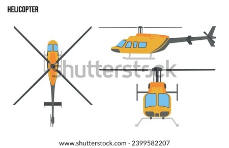 Helicopter Flat design illustration, Public Vehicles , top view, side view, front view, isolated by white background