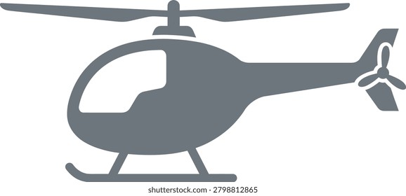 Helicopter flat silhouette icon, grey chopper aviation transportation symbol, simple aircraft design element, tactical copter isolated graphic
