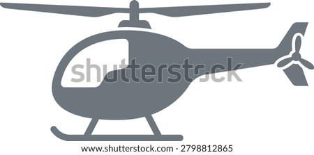 Helicopter flat silhouette icon, grey chopper aviation transportation symbol, simple aircraft design element, tactical copter isolated graphic
