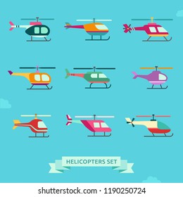 Helicopter flat style icon set. Clean and simple design.