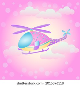 The helicopter flies across the sky. Vector illustration in cartoon childish style