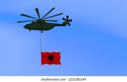 Helicopter flies with the flag of Albania, the flag of Albania in the sky. National holiday. vector illustration eps10