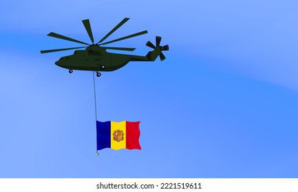 Helicopter flies with the flag of Andorra, the flag of Andorra in the sky. National holiday. vector illustration eps10