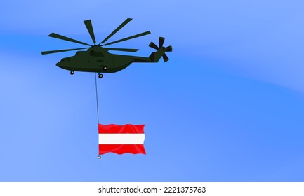 Helicóptero vuela con la bandera de Austria, la bandera de Austria en el cielo. Fiesta nacional. ilustración vectorial eps10